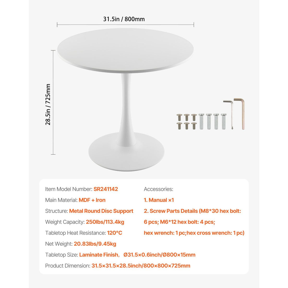 Round Dining Table, 31.5 in Wood Table for 2-4 Person, Modern Circle Furniture, Leisure Coffee Office Tables with Pedestal Base in Tulip Design, for Home Kitchen Living Room, White(Only Table)