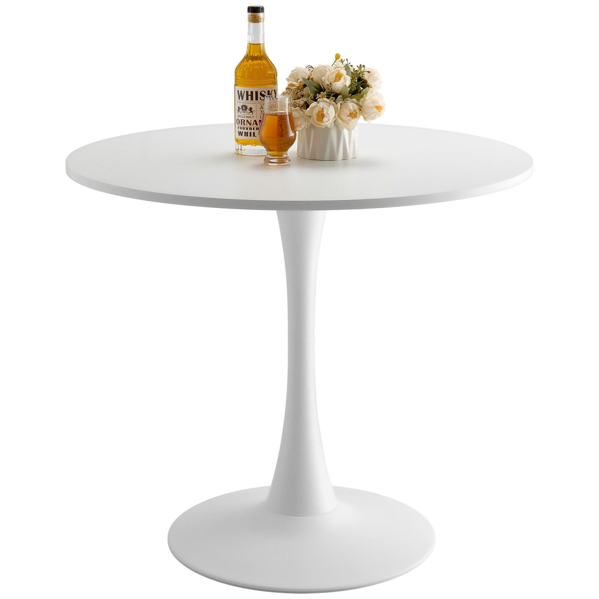 Round Dining Table, 31.5 in Wood Table for 2-4 Person, Modern Circle Furniture, Leisure Coffee Office Tables with Pedestal Base in Tulip Design, for Home Kitchen Living Room, White(Only Table)