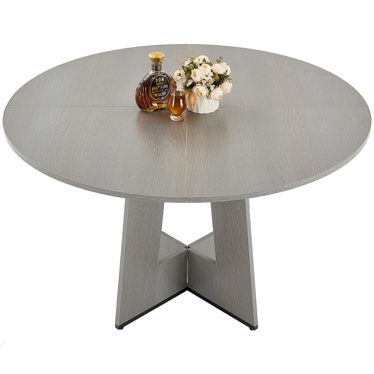 Round Dining Table, 47 inch Wood Table for 4-6 Person, Farmhouse Circle Dinner Furniture, Rustic Leisure Tables with Thick Wooden Legs, for Home Kitchen Living Room, Grey (Only Table)