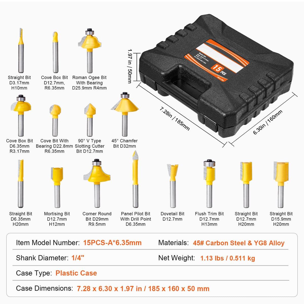Router Bits Set, 15 Pieces, Carbide Router Bit Kit with 1/4 Inch Shank, Plastic Carrying Case, Woodworking Tools for Professional and Beginners Carpenter, for Wood MDF Particle Board Plywood