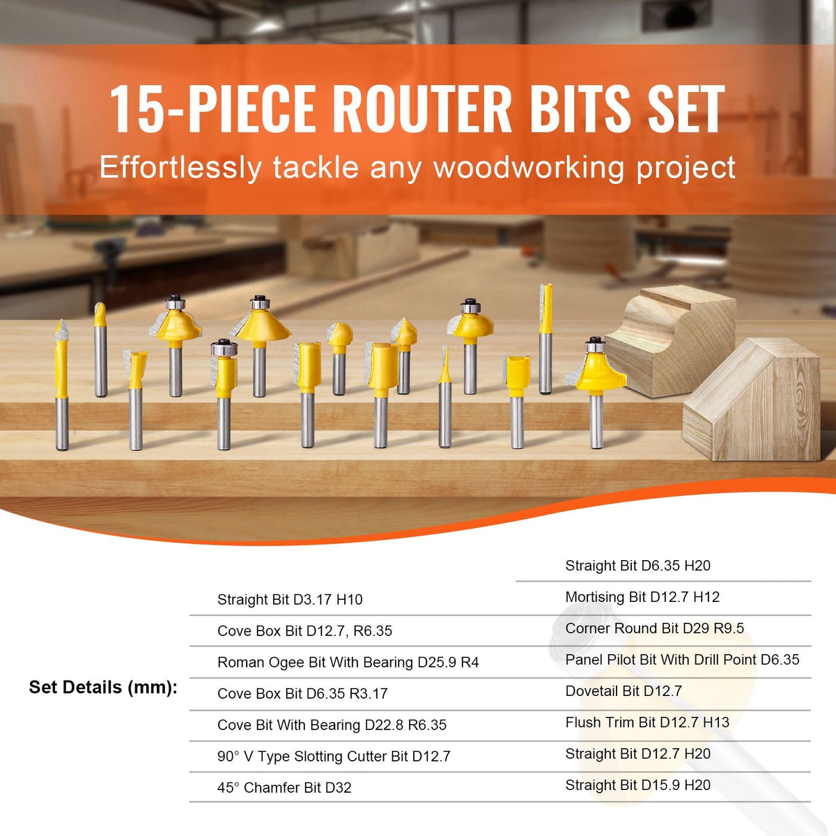 Router Bits Set, 15 Pieces, Carbide Router Bit Kit with 1/4 Inch Shank, Plastic Carrying Case, Woodworking Tools for Professional and Beginners Carpenter, for Wood MDF Particle Board Plywood