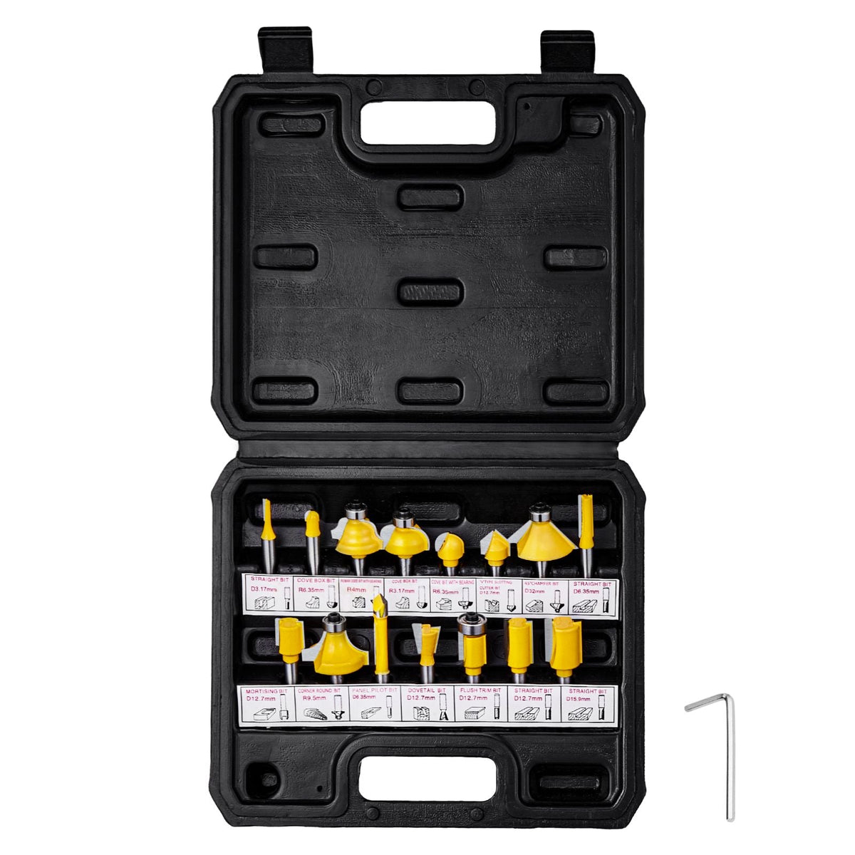 Router Bits Set, 15 Pieces, Carbide Router Bit Kit with 1/4 Inch Shank, Plastic Carrying Case, Woodworking Tools for Professional and Beginners Carpenter, for Wood MDF Particle Board Plywood