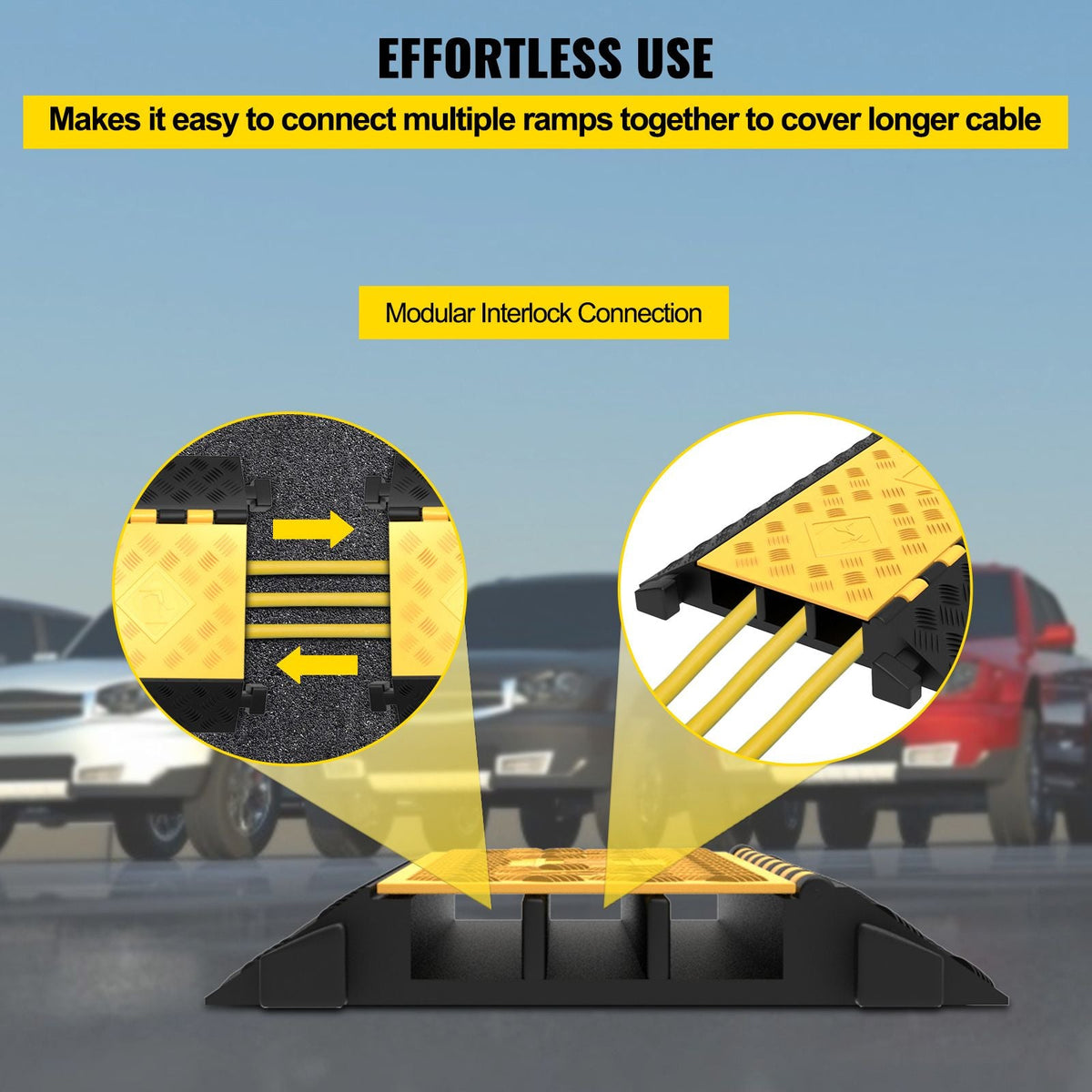 Rubber Cable Guard, 3-Channel, 2 x 2.3 in - Durable Cord Protection Ramp for Driveways, 6600 lbs Capacity
