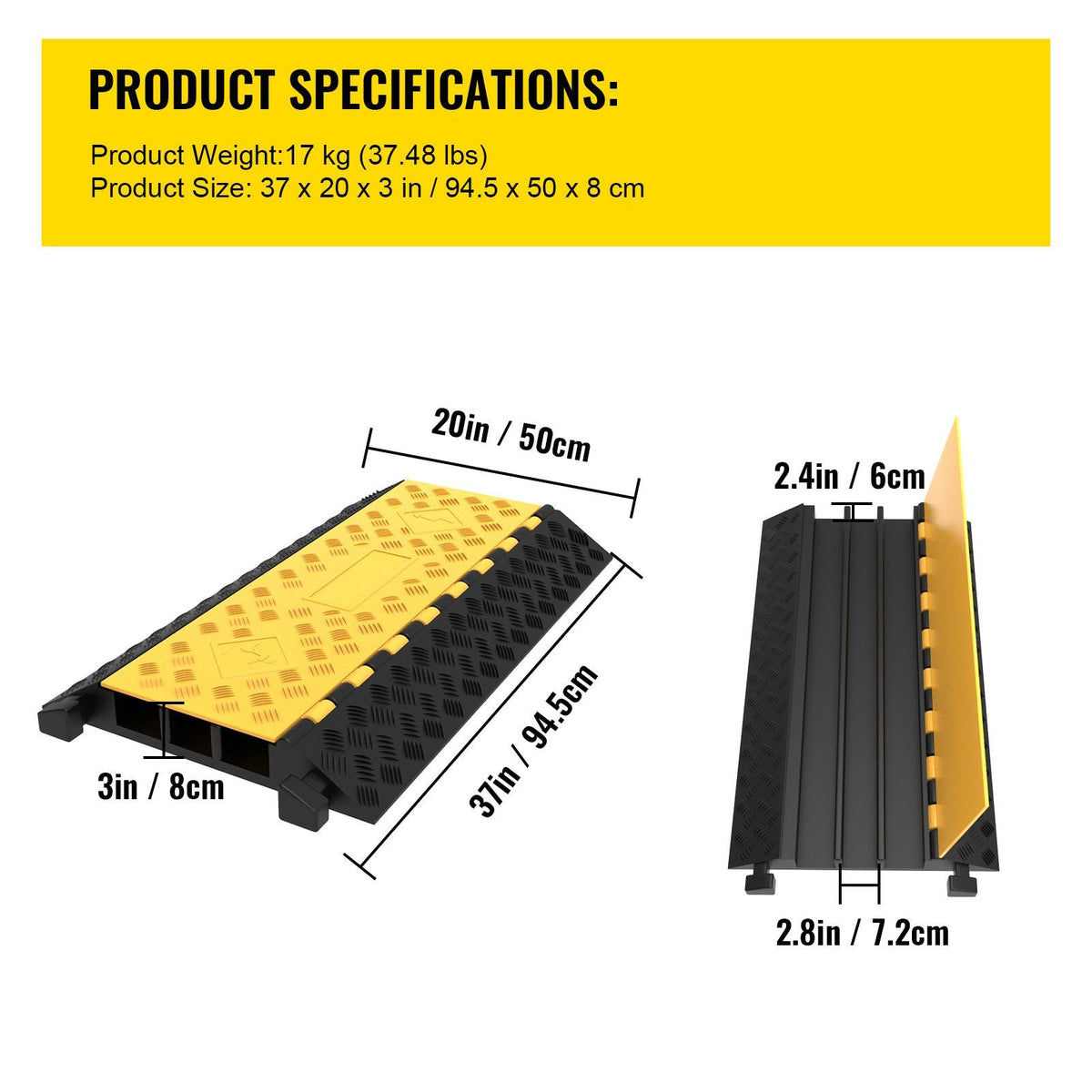 Rubber Cable Guard, 3-Channel, 2 x 2.3 in - Durable Cord Protection Ramp for Driveways, 6600 lbs Capacity