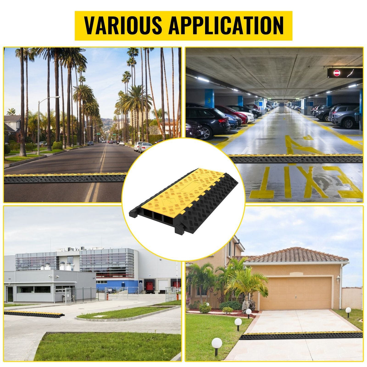 Rubber Cable Guard, 3-Channel, 2 x 2.3 in - Durable Cord Protection Ramp for Driveways, 6600 lbs Capacity