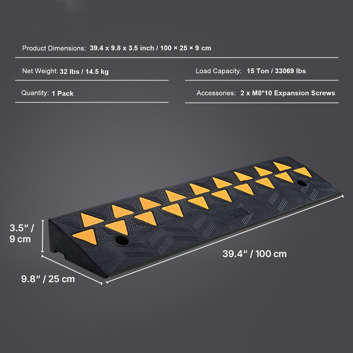 Rubber Curb Ramp 3.7" Rise Height Sidewalk Curb Ramp, 10" Width 39.4" Length Driveway Ramp for Curb, 15T Heavy Duty Rubber Ramp for Forklifts, Trucks, Buses, Cars, Wheelchairs, Bikes