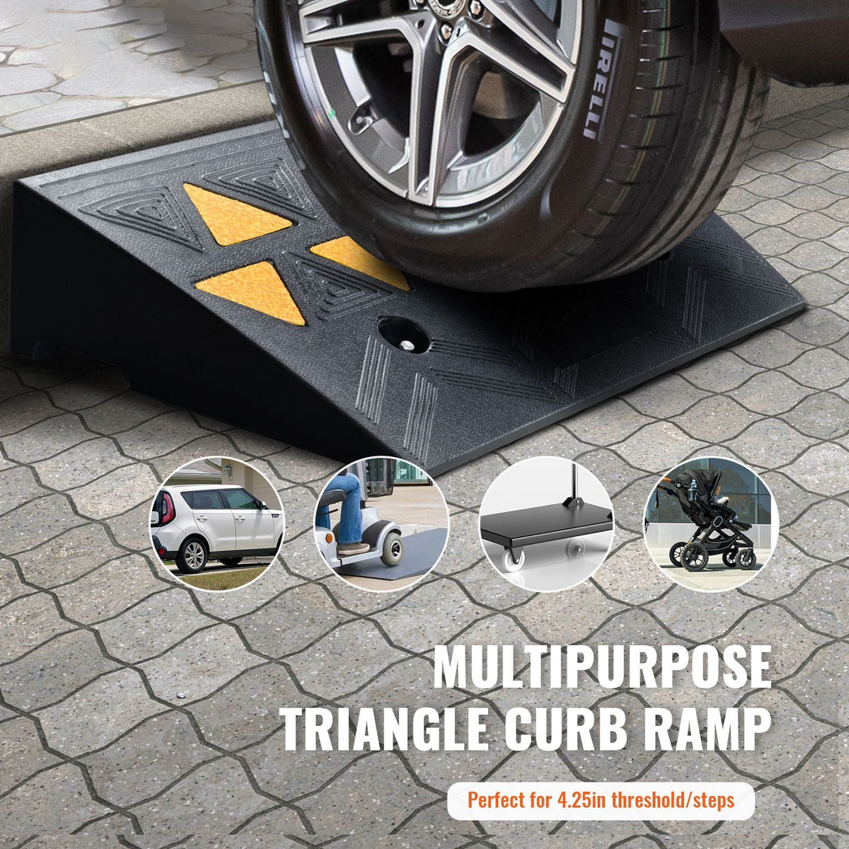 Rubber Curb Ramp 4.25" Rise Height Sidewalk Curb Ramp, 11.8" Width 19.7" Length Driveway Ramp for Curb, 15T Heavy Duty Rubber Ramp for Forklifts, Trucks, Buses, Cars, Wheelchairs, Bikes