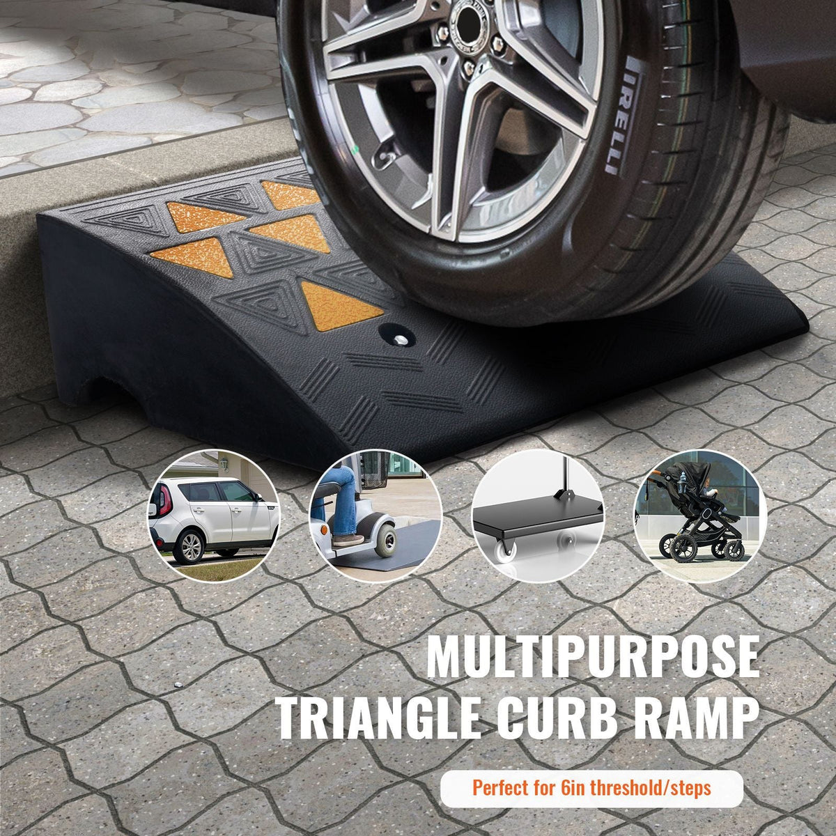 Rubber Curb Ramp 6" Rise Height Sidewalk Curb Ramp, 14.6" Width 19.3" Length Driveway Ramp for Curb, 15T Heavy Duty Rubber Ramp for Forklifts, Trucks, Buses, Cars, Wheelchairs, Bikes