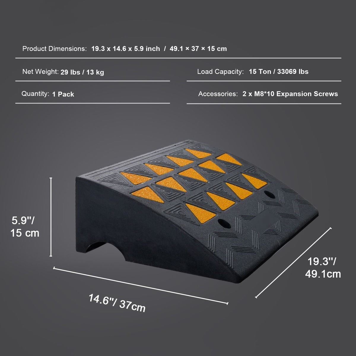 Rubber Curb Ramp 6" Rise Height Sidewalk Curb Ramp, 14.6" Width 19.3" Length Driveway Ramp for Curb, 15T Heavy Duty Rubber Ramp for Forklifts, Trucks, Buses, Cars, Wheelchairs, Bikes
