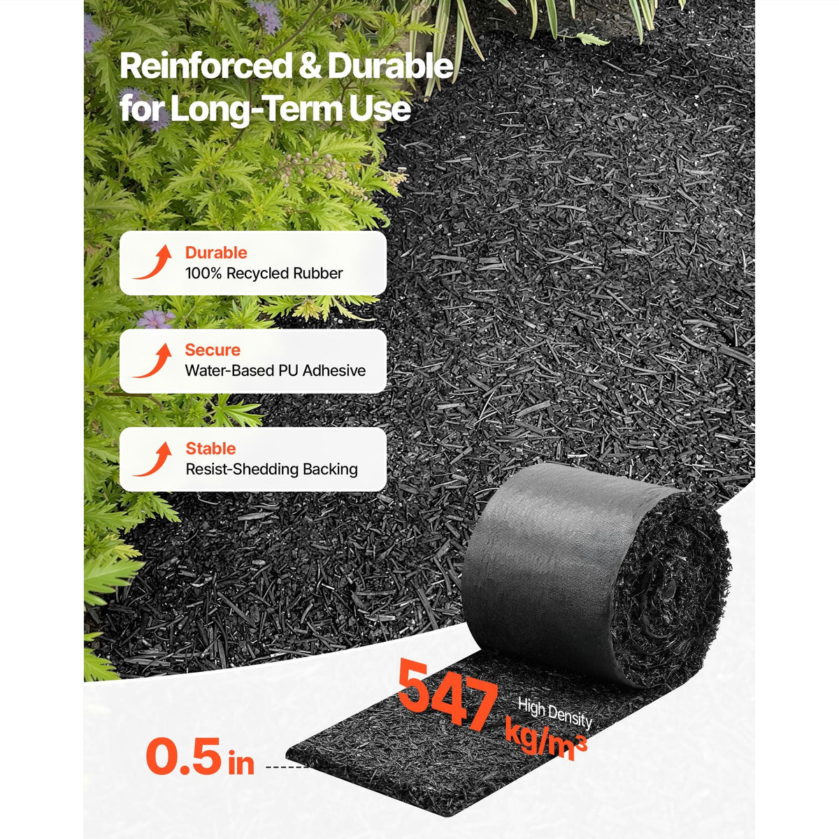 Rubber Mulch Mat Roll, 2 Rolls 140 x 4.5 in, Recycled Rubber Permanent Mulch Edging Border, Natural-Looking Flower Barrier with Stakes, 0.5 in Thick Cuttable Garden Edgings for Landscaping