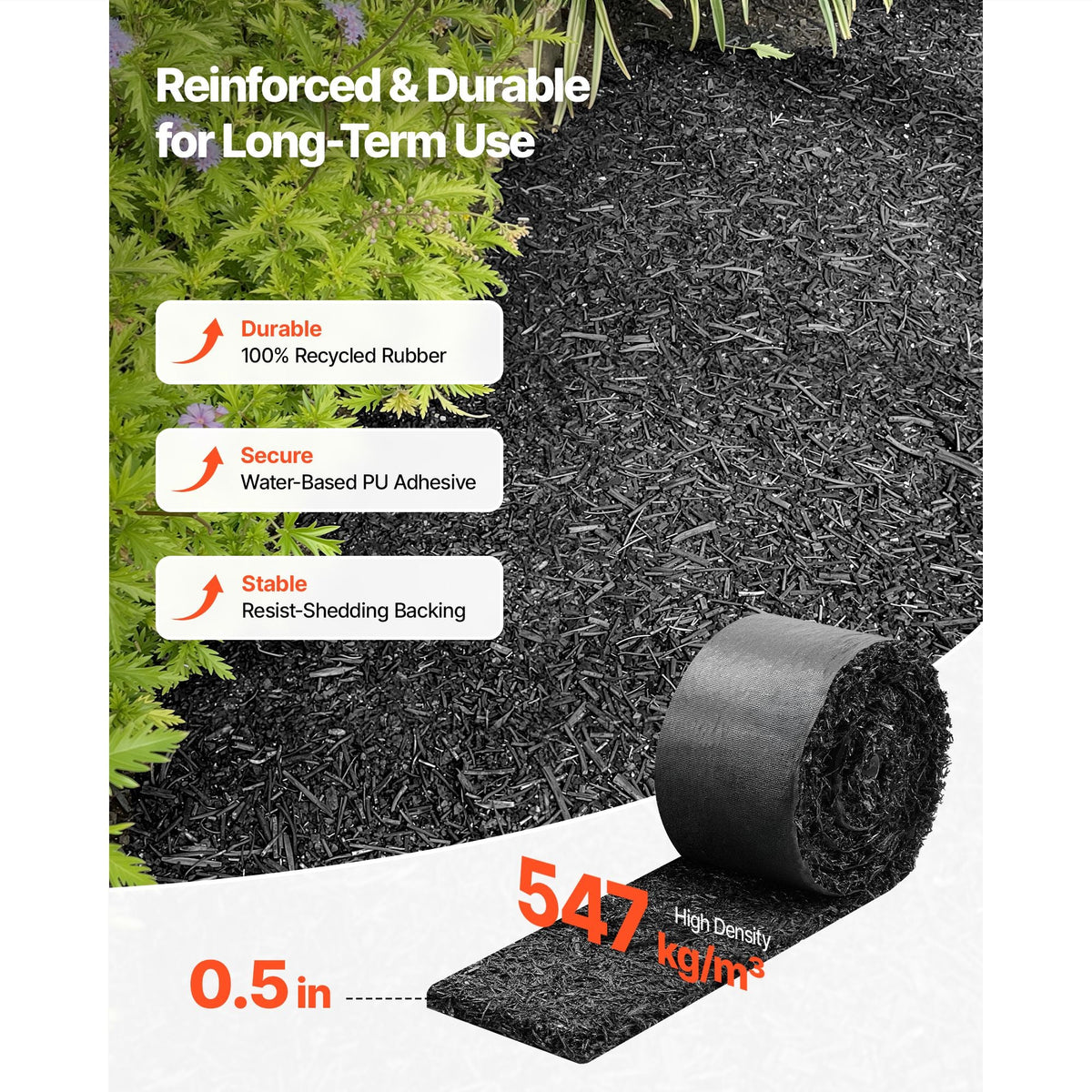 Rubber Mulch Mat Roll, 4 Rolls 120 x 4.5 in, Recycled Rubber Permanent Mulch Edging Border, Natural-Looking Flower Barrier with Stakes, 0.5 in Thick Cuttable Garden Edgings for Landscaping