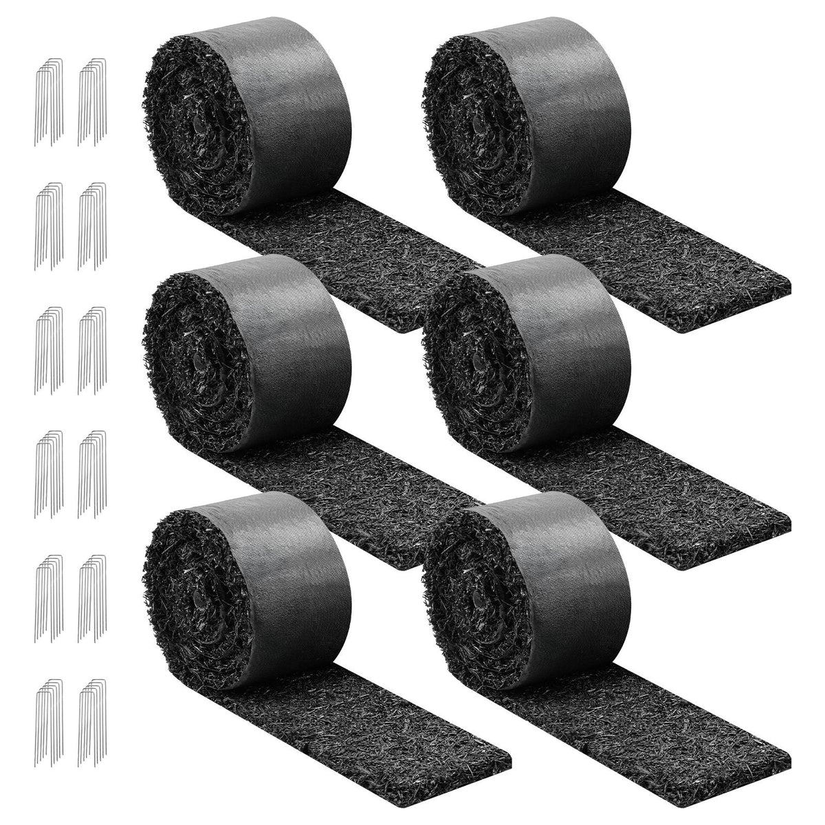 Rubber Mulch Mat Roll, 6 Rolls 120 x 4.5 in, Recycled Rubber Permanent Mulch Edging Border, Natural-Looking Flower Barrier with Stakes, 0.5 in Thick Cuttable Garden Edgings for Landscaping