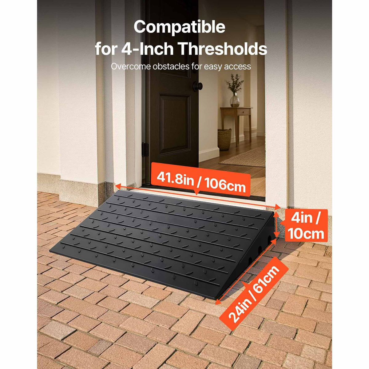 Rubber Threshold Ramp, 4\" Rise Threshold Ramp Doorway, 3 Channels Cord Cover Rubber Solid Threshold Ramp, Rubber Angled Entry Rated 2200 Lbs Load Capacity for Wheelchair and Scooter