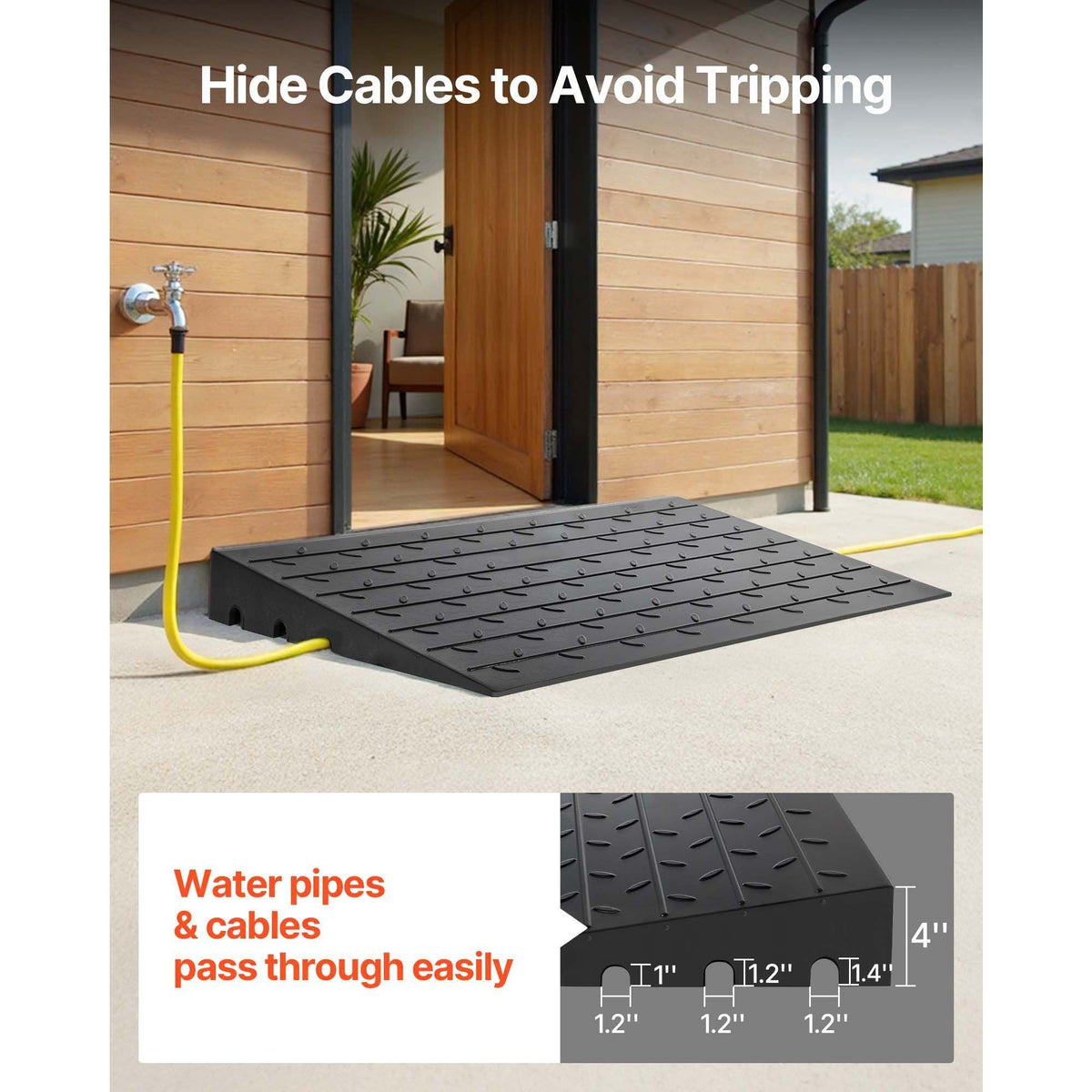 Rubber Threshold Ramp, 4\" Rise Threshold Ramp Doorway, 3 Channels Cord Cover Rubber Solid Threshold Ramp, Rubber Angled Entry Rated 2200 Lbs Load Capacity for Wheelchair and Scooter