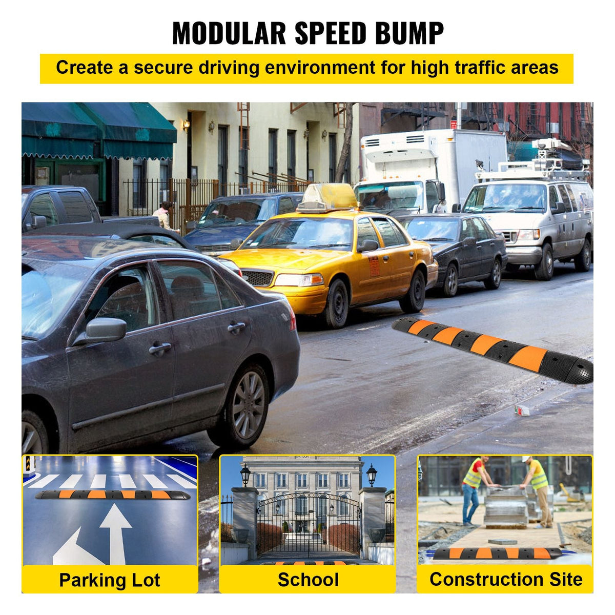 Rubber Traffic Calming Device, Single Unit with Dual Channels, 72" Length Modular Design Supports Up to 22000 LBS, Dimensions 72.8 x 12.2 x 2.2, Suitable for Asphalt, Concrete, and Gravel Sur