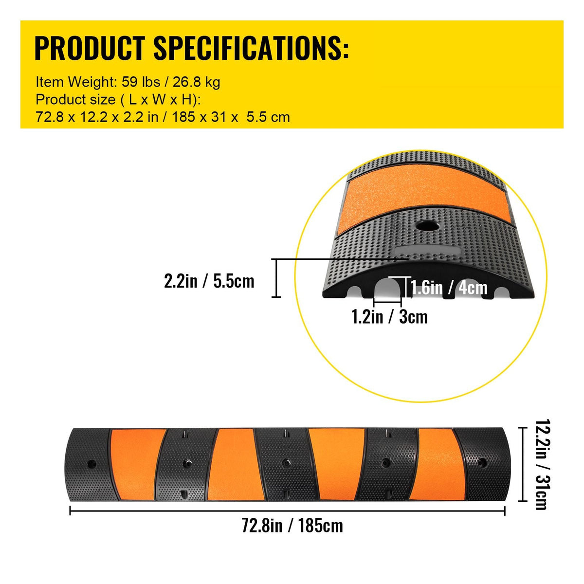 Rubber Traffic Calming Device, Single Unit with Dual Channels, 72" Length Modular Design Supports Up to 22000 LBS, Dimensions 72.8 x 12.2 x 2.2, Suitable for Asphalt, Concrete, and Gravel Sur
