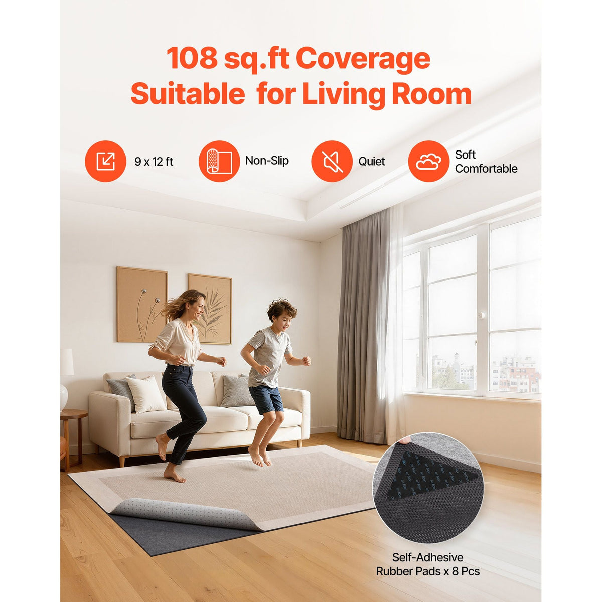 Rug Pad 9 x 12 ft, Non-slip Carpet Area Pad, Rug Mat Padding with Dual Surface Felt Cushion & Rubber Gripper, Hardwood Floor Protection for All Floors, Finishes, Keeps Carpets in Place