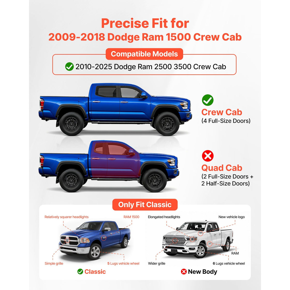 Running Boards, 6 Inches Side Steps Compatible with 2009-2018 Dodge Ram 1500 Crew Cab, 2010-2025 Dodge Ram 2500 3500 Crew Cab(Not Fit 2019-2025 Ram 1500 New Body), 550 lbs Load Capacity