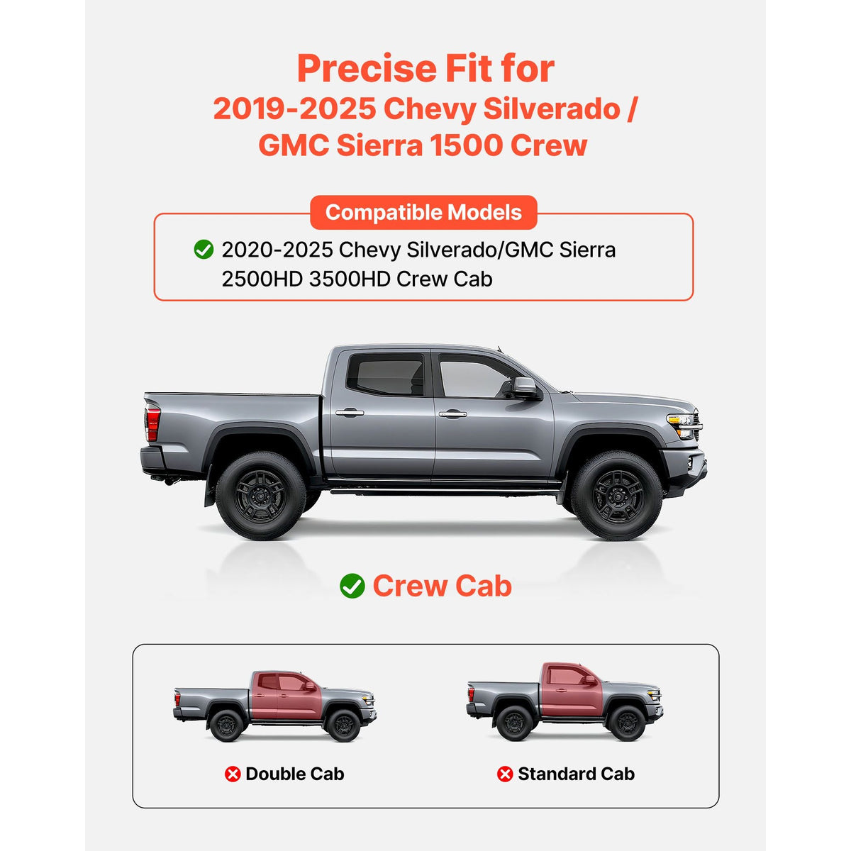 Running Boards, 6 Inches Side Steps Compatible with 2019-2025 Chevy Silverado/GMC Sierra 1500 Crew Cab, 20-25 Chevy Silverado/GMC Sierra 2500HD 3500HD Crew Cab, Black Textured Aluminum Nerf Bars