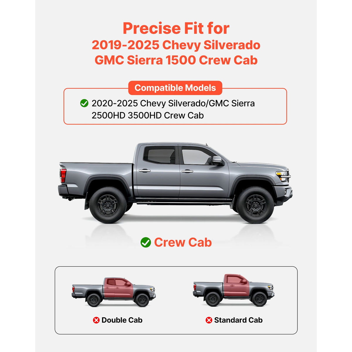 Running Boards, 6 Inches Side Steps Compatible with 2019-2025 Chevy Silverado/GMC Sierra 1500 Crew Cab, 2020-2025 Chevy Silverado/GMC Sierra 2500HD 3500HD Crew Cab, Black Carbon Steel Nerf Bars