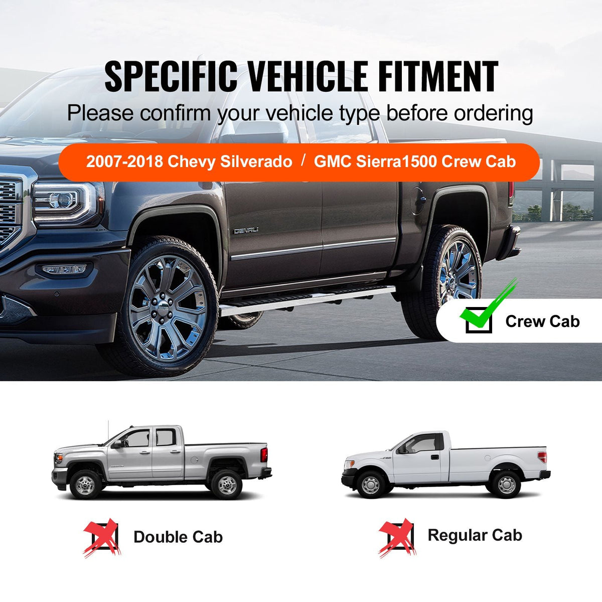 Running Boards, 6" Step Bars Compatible with 2007-2018 Chevy Silverado/GMC Sierra 1500 Crew Cab/2019 2500HD 3500HD 1500 LD, 201 Stainless Steel Side Steps Nerf Bars, 500LBS Capacity, 2 Piece