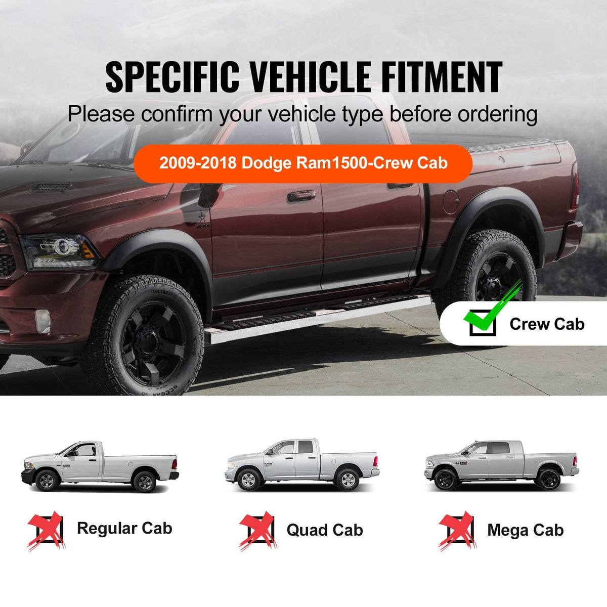 Running Boards, 6" Step Bars Compatible with 2009-2018 Dodge Ram 1500/2010-2023 Ram 2500/3500 (Includes 2019-2023 Classic) Crew Cab, 201 Stainless Steel Side Steps Nerf Bars, 500LBS, 2 PCS