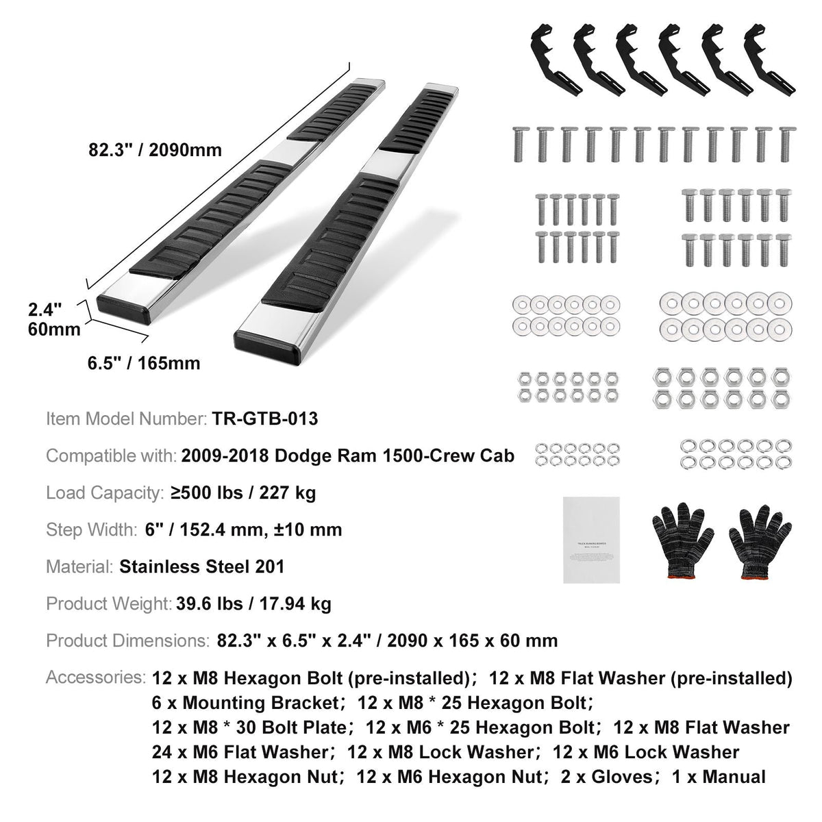 Running Boards, 6" Step Bars Compatible with 2009-2018 Dodge Ram 1500/2010-2023 Ram 2500/3500 (Includes 2019-2023 Classic) Crew Cab, 201 Stainless Steel Side Steps Nerf Bars, 500LBS, 2 PCS