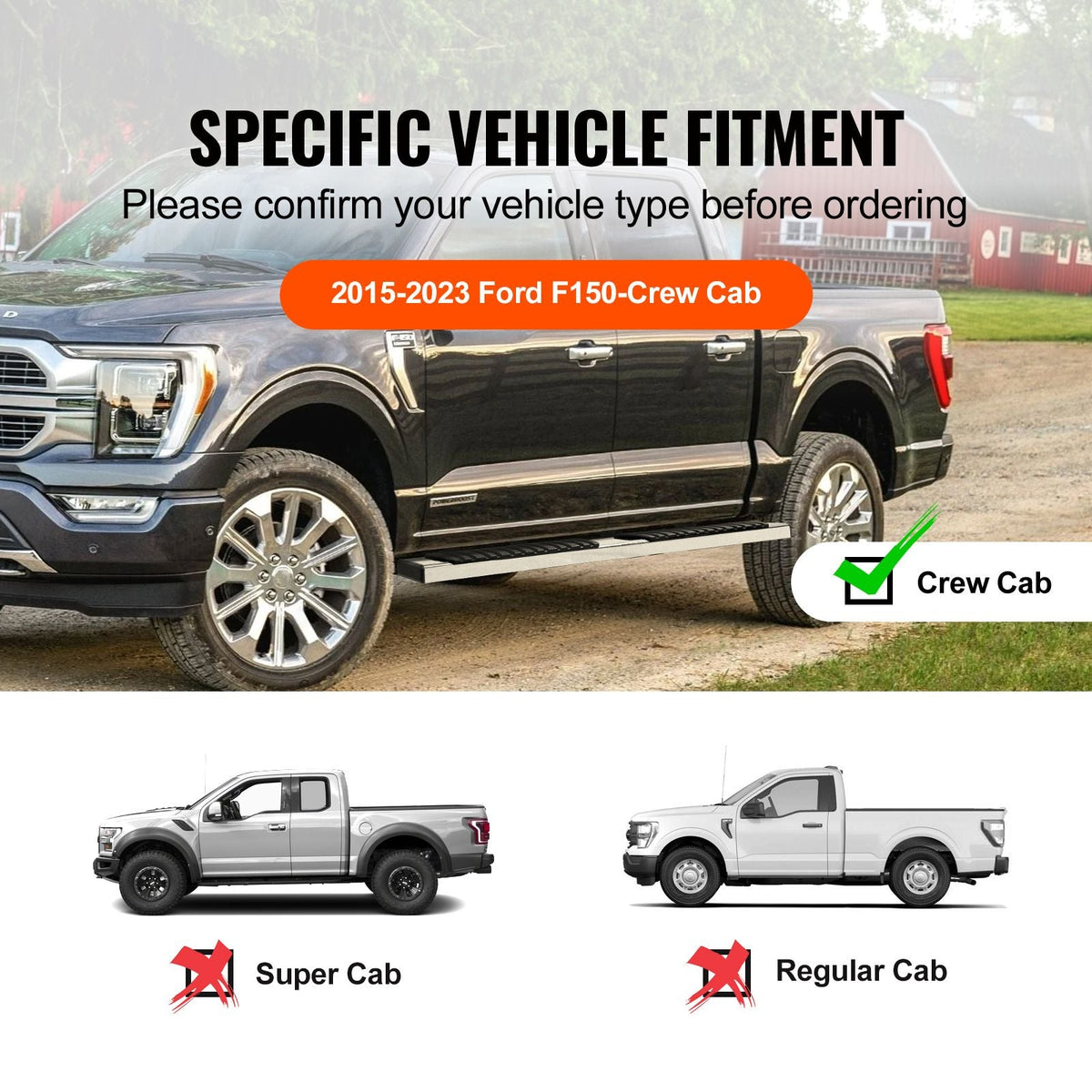 Running Boards, 6" Step Bars Compatible with 2015-2023 Ford F150-Crew Cab/2017-2023 Ford F-250 F-350 Super Duty Crew Cab, 201 Stainless Steel Side Steps Nerf Bars, 500LBS Capacity, 2 Piece