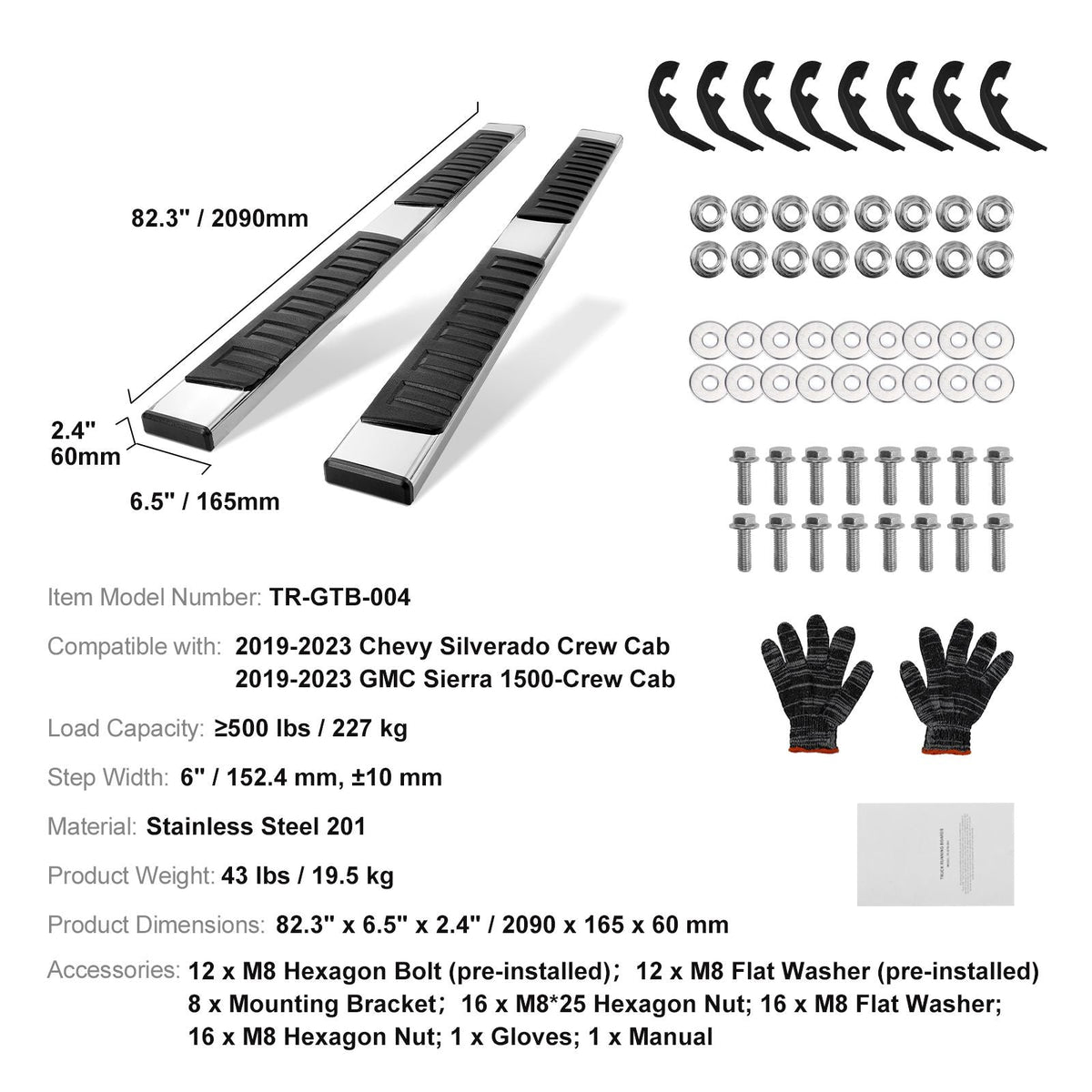 Running Boards, 6" Step Bars Compatible with 2019-2023 Chevy Silverado/GMC Sierra 1500/2020-2024 Silverado/Sierra 2500/3500HD Crew Cab, 201 Stainless Steel Side Steps Nerf Bars, 500LBS, 2 Piece