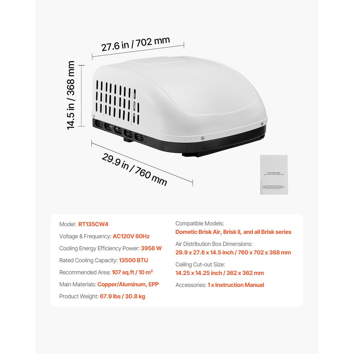 RV Air Conditioner, 13500 BTU Non-Ducted Rooftop RV AC, 65 dB Quiet Design, Highly Compatible with Air-conditioning Unit for Replacing Old Damaged Units, for Campers, Vans, Trailers, White