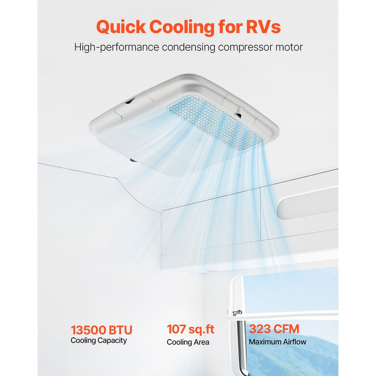 RV Air Conditioner, 13500 BTU Non-Ducted Rooftop RV AC Unit, 65 dB Quiet Design, Including Air Distribution Box, Operation Panel and Installation Hardware, for Campers, Vans, Trailers, White
