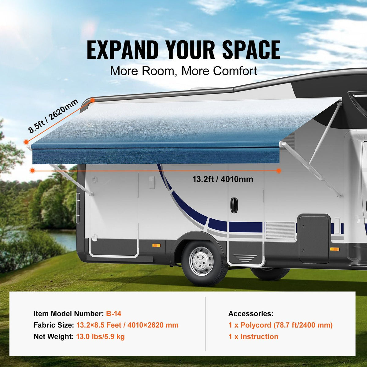 RV Awning Fabric Replacement, 13'2" Fabric Length for 14' Awning, Heavy Duty 3-Ply 16oz PVC Camper Awning Fabric, Waterproof & UV Protection Outdoor Canopy for RV, Trailer, Motorhome, Blue Fade