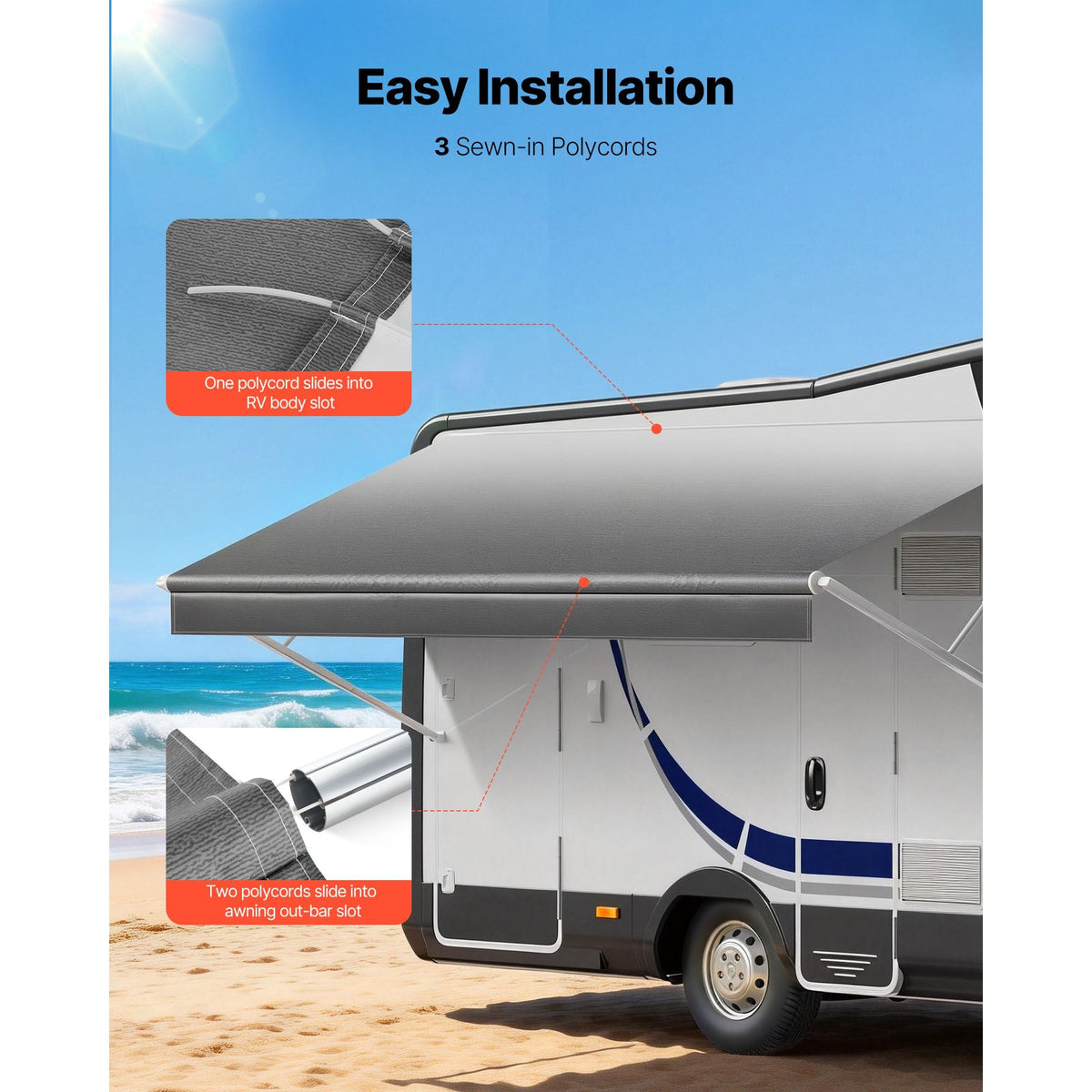 RV Awning Fabric Replacement, 15' (Fabric 14'2") 18 oz Heavy-Duty Weatherproof Vinyl Camper Awning Replacement, UPF50+ Protection Waterproof Outdoor Canopy for RV, Motorhome, Trailer, Gray Fade