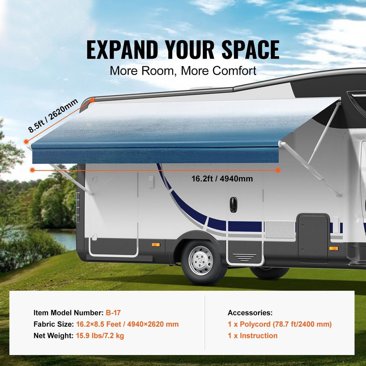 RV Awning Fabric Replacement, 16'2" Fabric Length for 17' Awning, Heavy Duty 3-Ply 16oz PVC Camper Awning Fabric, Waterproof & UV Protection Outdoor Canopy for RV, Trailer, Motorhome, Blue Fade