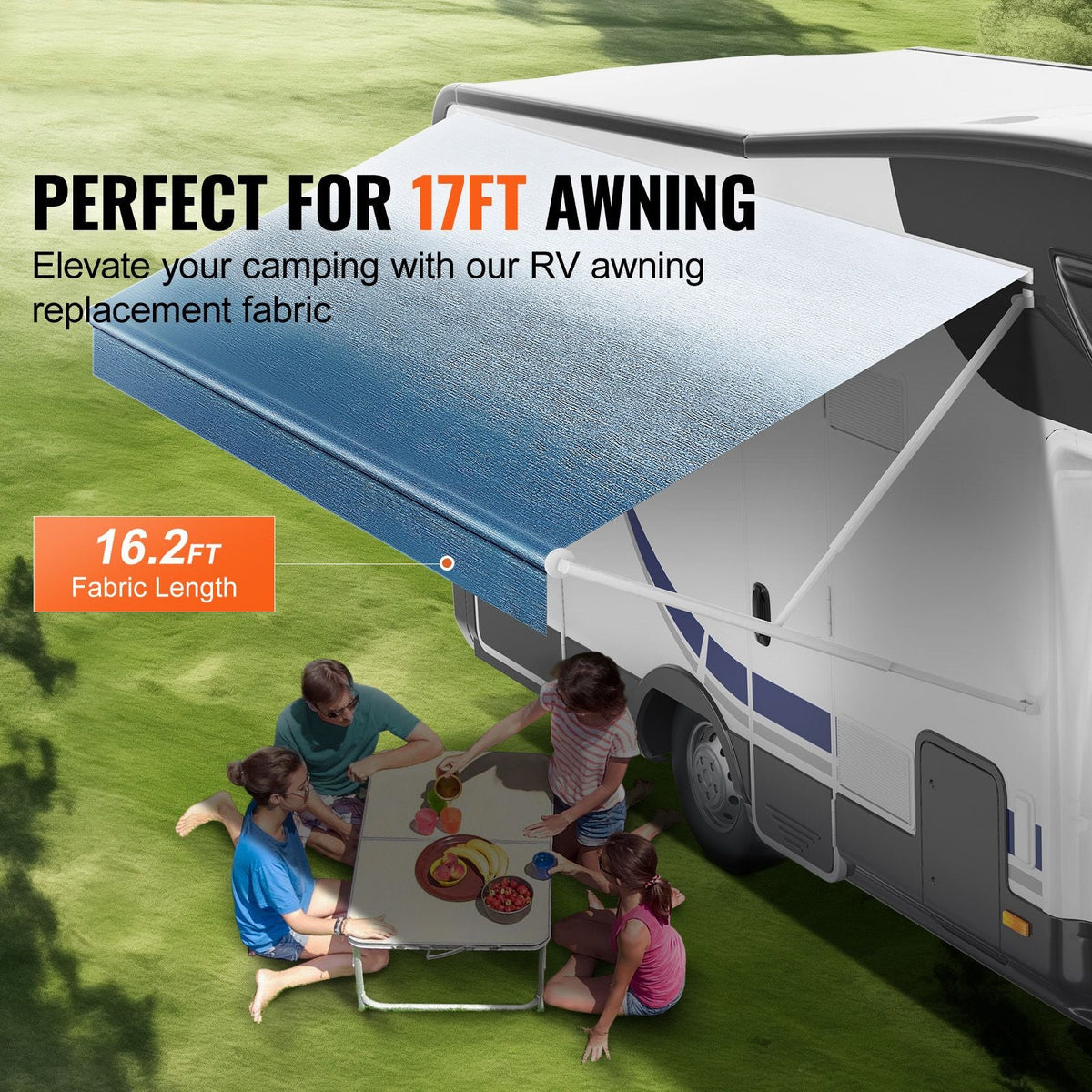 RV Awning Fabric Replacement, 16'2" Fabric Length for 17' Awning, Heavy Duty 3-Ply 16oz PVC Camper Awning Fabric, Waterproof & UV Protection Outdoor Canopy for RV, Trailer, Motorhome, Blue Fade