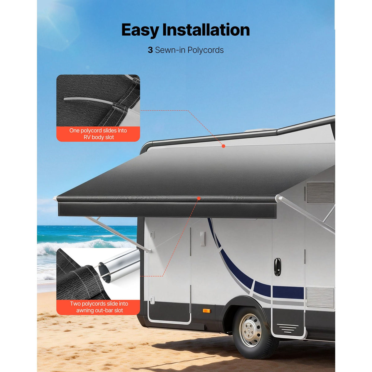 RV Awning Fabric Replacement, 17' (Fabric 16'2") 18 oz Heavy-Duty Weatherproof Vinyl Camper Awning Replacement, UPF50+ Protection Waterproof Outdoor Canopy for RV, Motorhome, Trailer, Black Fade