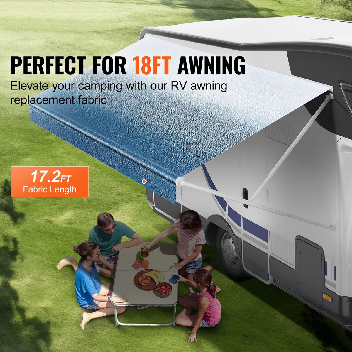 RV Awning Fabric Replacement, 17'2" Fabric Length for 18' Awning, Heavy Duty 3-Ply 16oz PVC Camper Awning Fabric, Waterproof & UV Protection Outdoor Canopy for RV, Trailer, Motorhome, Blue Fade