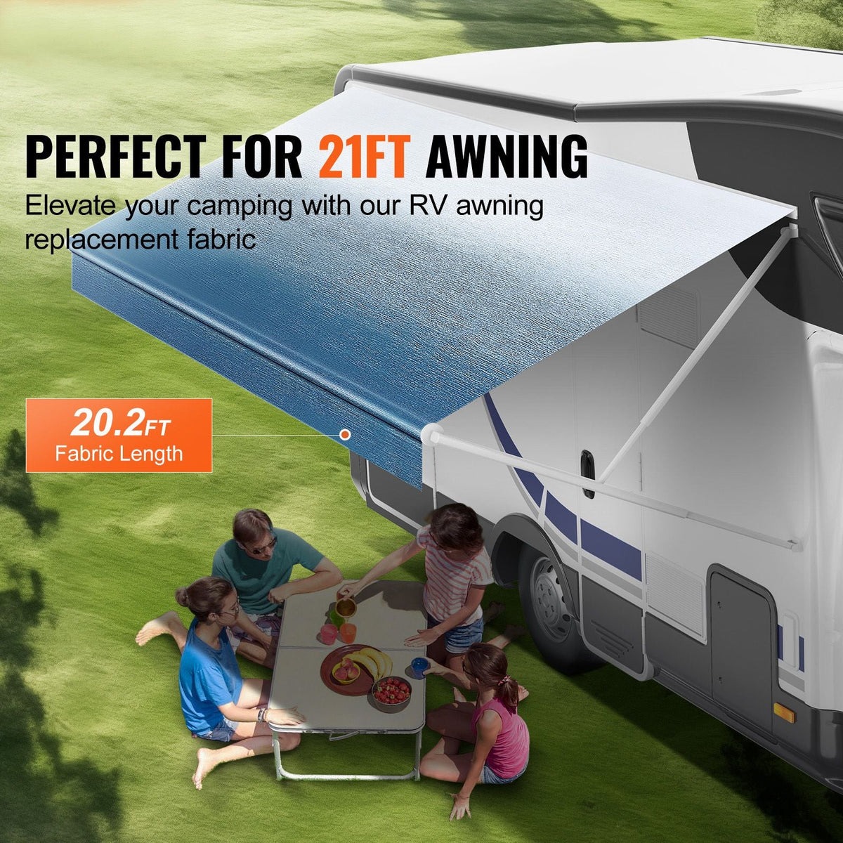 RV Awning Fabric Replacement, 20'2" Fabric Length for 21' Awning, Heavy Duty 3-Ply 16oz PVC Camper Awning Fabric, Waterproof & UV Protection Outdoor Canopy for RV, Trailer, Motorhome, Blue Fade