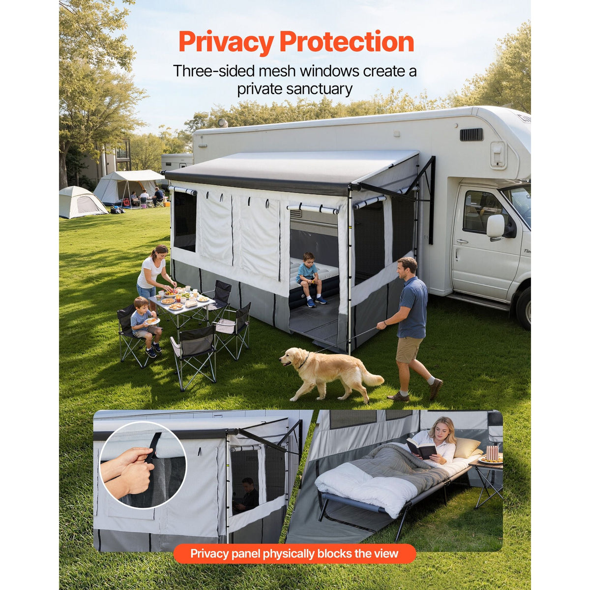 RV Awning Sun Shade Room - Compatible with 16 -17 ft Awnings, RV Awning Sun Shading Room with Door & Ventilated Mesh Windows, Sunproof & Windproof Three-Sided Enclosure Tent for RV Camping