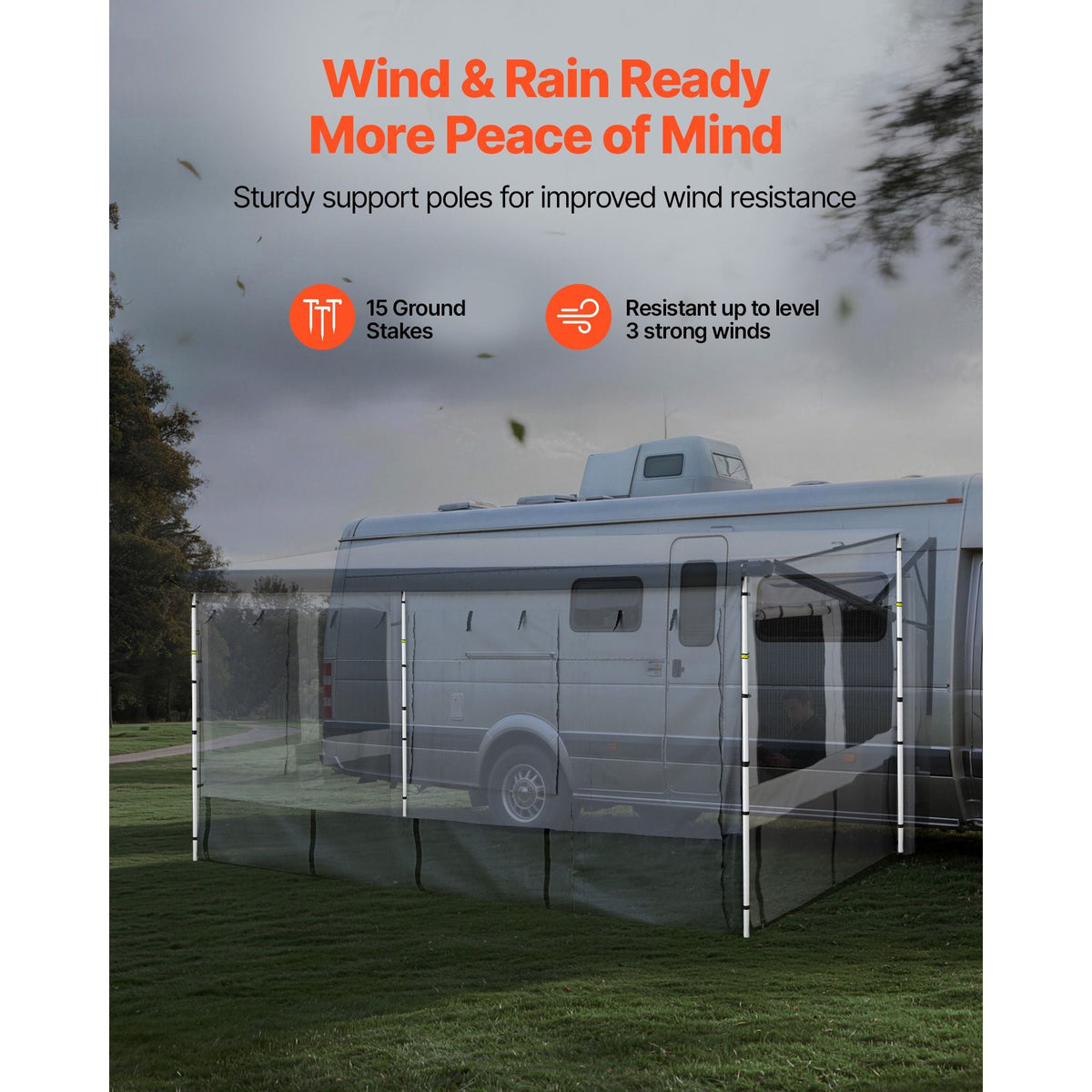 RV Awning Sun Shade Room - Compatible with 16 -17 ft Awnings, RV Awning Sun Shading Room with Door & Ventilated Mesh Windows, Sunproof & Windproof Three-Sided Enclosure Tent for RV Camping