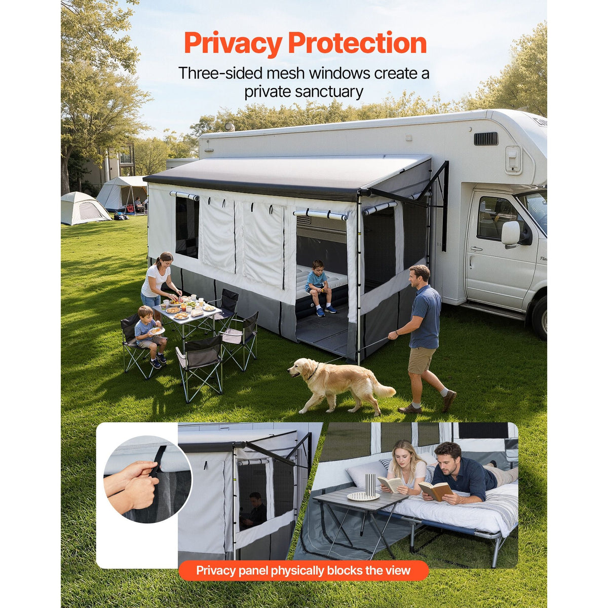 RV Awning Sun Shade Room - Compatible with 18 -19 ft Awnings, RV Awning Sun Shading Room with Door & Ventilated Mesh Windows, Sunproof & Windproof Three-Sided Enclosure Tent for RV Camping