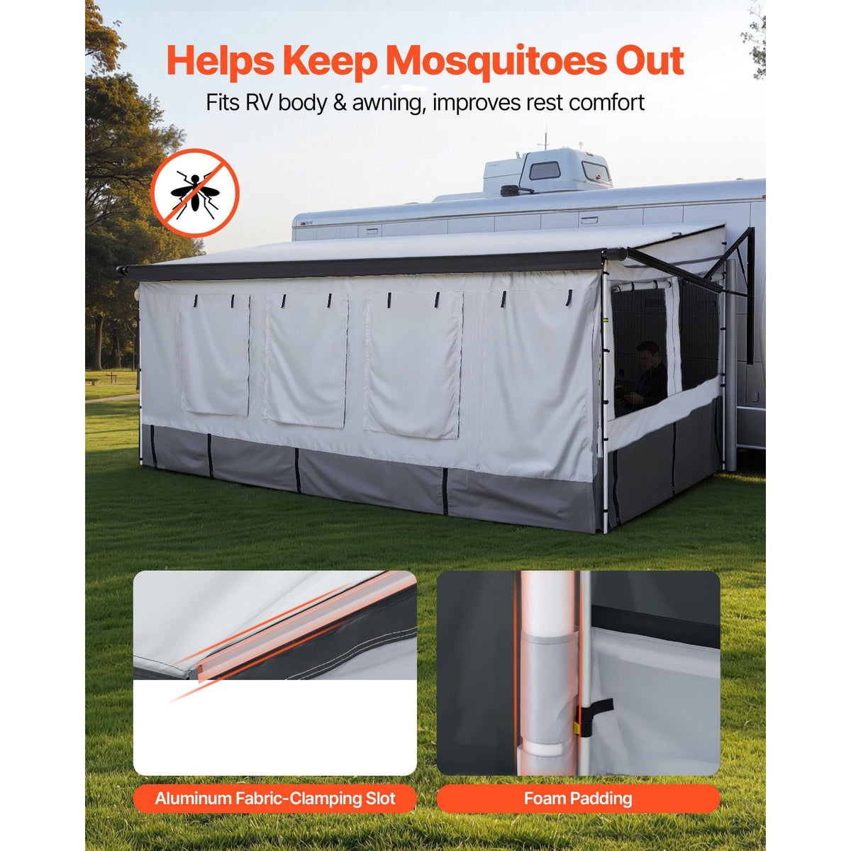 RV Awning Sun Shade Room - Compatible with 18 -19 ft Awnings, RV Awning Sun Shading Room with Door & Ventilated Mesh Windows, Sunproof & Windproof Three-Sided Enclosure Tent for RV Camping