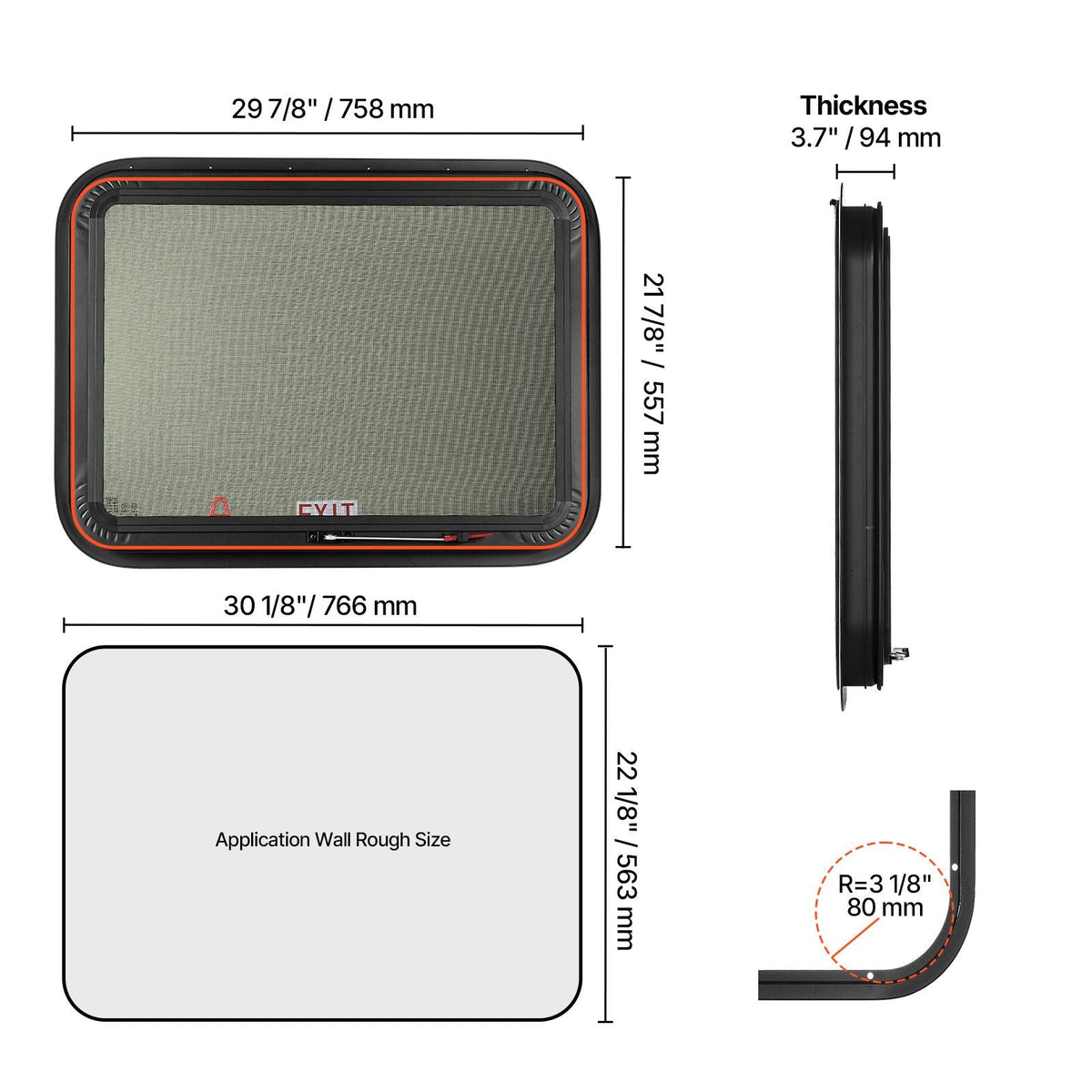 RV Exit Window, 30" W x 22" H Tinted RV Window with Net Screen and Trim Ring, Fit for 1 1/4" - 1 13/16" Thickness Wall, RV Window Replacement for Teardrop Cargo Trailer Camper, DOT Approved