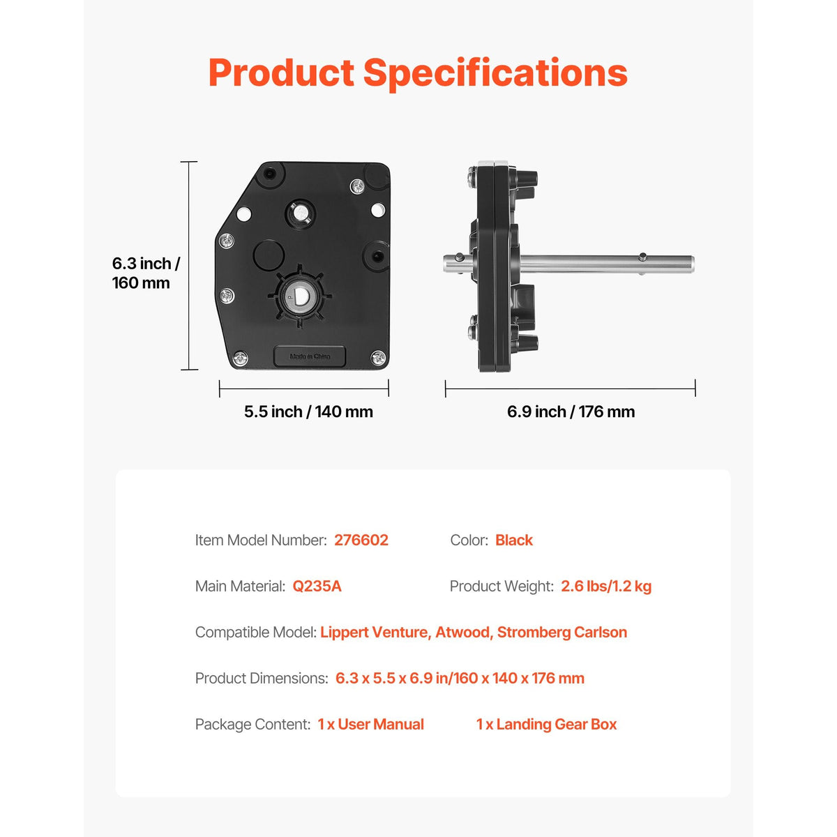 RV Fifth Wheel Landing Gear Box 276602, Universal Mount Steel Gearbox Compatible with Lippert Venture, Atwood, Stromberg Carlson Landing Gear Systems, Replace LG-179015, Adjustable Height, Black