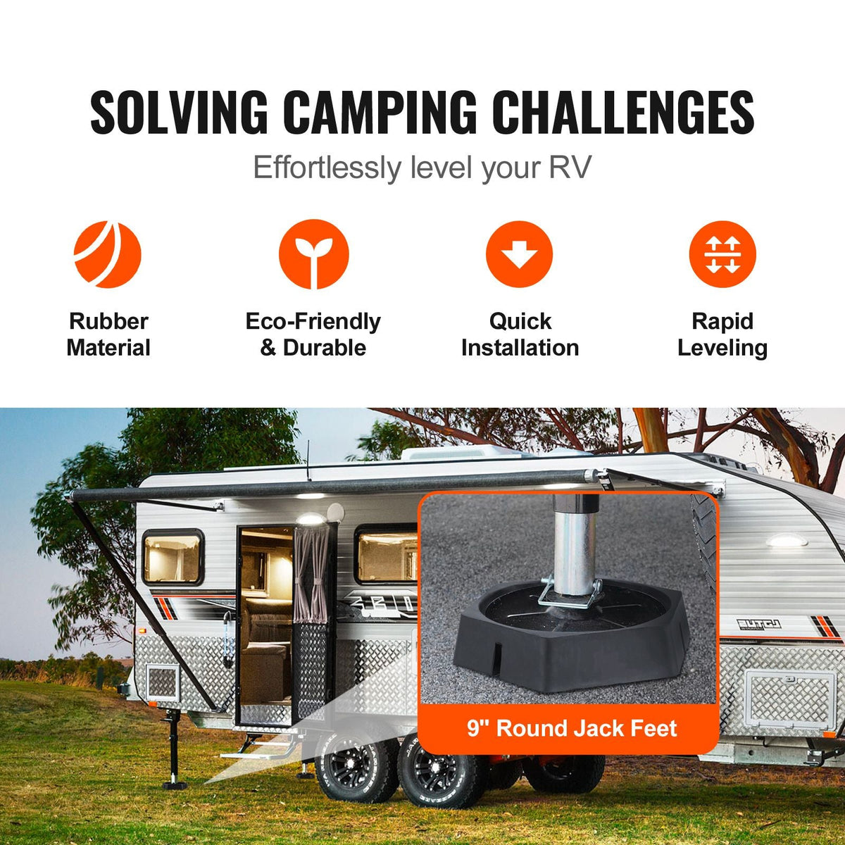 RV Leveling Pads, 9 Inch Round Landing Feet, Permanent Attached Jack Stabilizers, Rubber Jack Pads, 5000 lbs Capacity per RV Jack Pad, 5th Wheels, Travel Trailers, Class A/C Motorhomes (6-Pack)