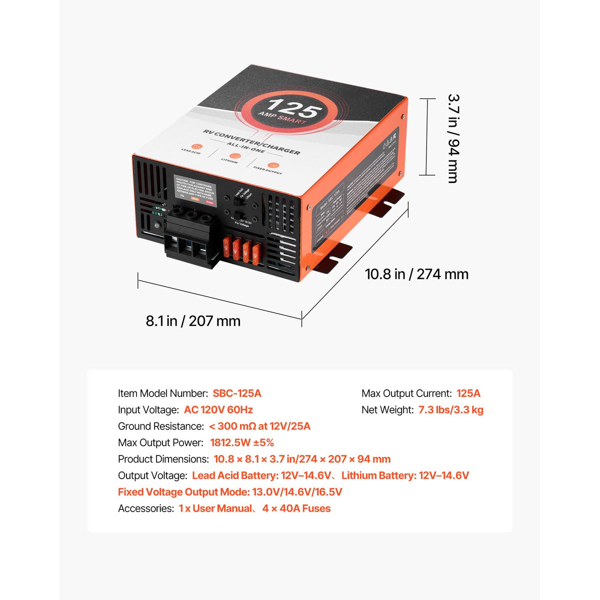 RV Power Converter, 125 Amp, 110V AC to 12V DC RV Converter Battery Charger, Multi Stage Smart Charging, 13V to 16.5V Operating Range, Compatible with Lithium & Lead Acid Battery, for Camper