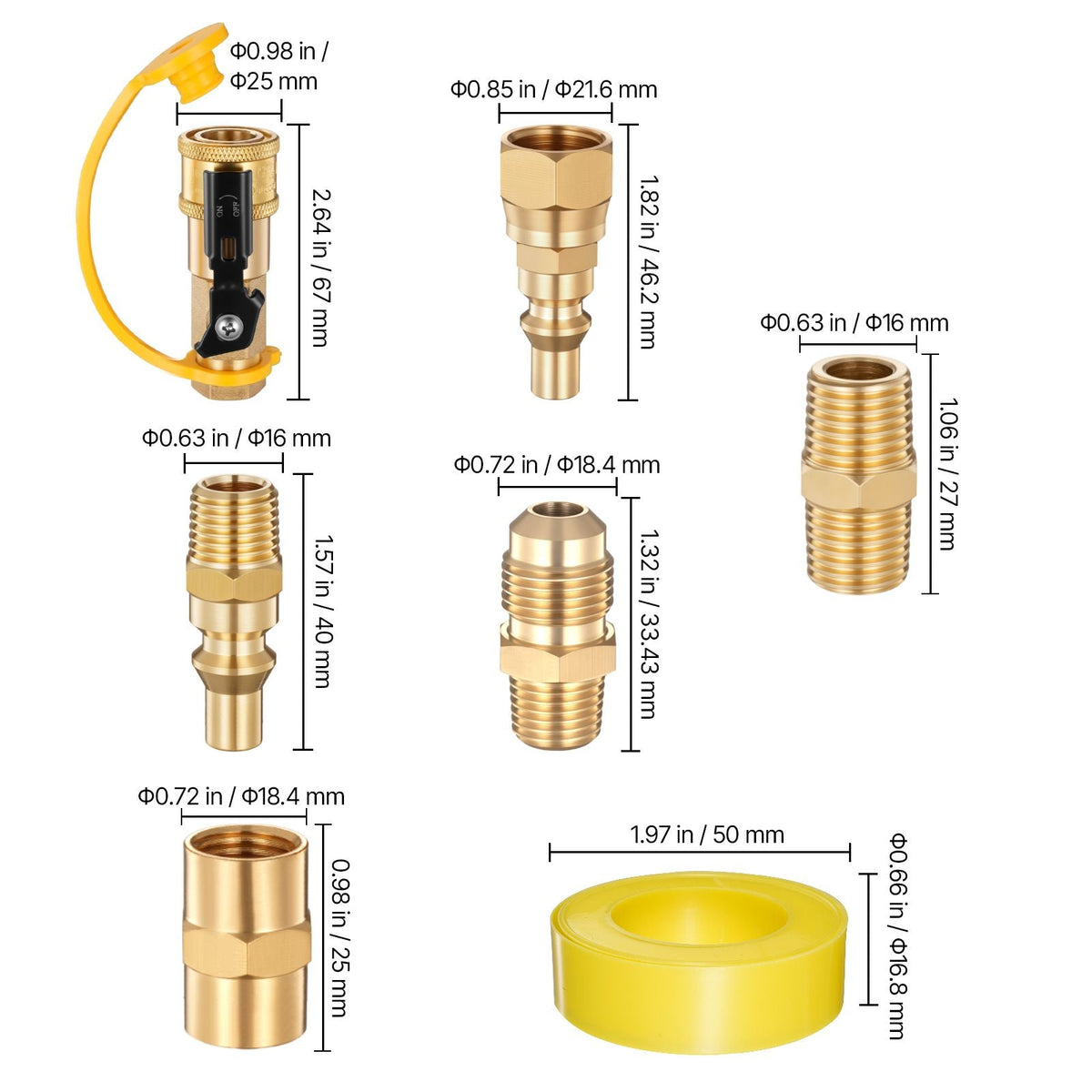 RV Propane Quick Connect Fitting Adapter Valve, 7 Pieces, 1/4-Inch Male NPT Full Flow Plug & 3/8-Inch Male Flare Quick Kit for Low Pressure Gas Appliances and RV Propane Quick Connections