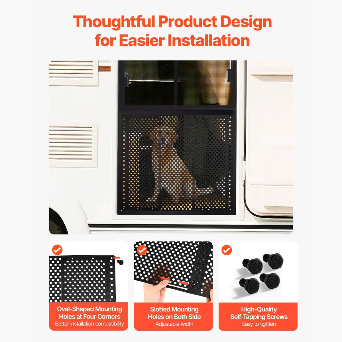 RV Screen Door Protector, Adjusts from 22 to 31.5 inch, Adjustable Door Grille, Easy to Install, Reinforced Breathable Honeycomb Holes, Iron Camper RV Entry Protector for Pet Protection, Black