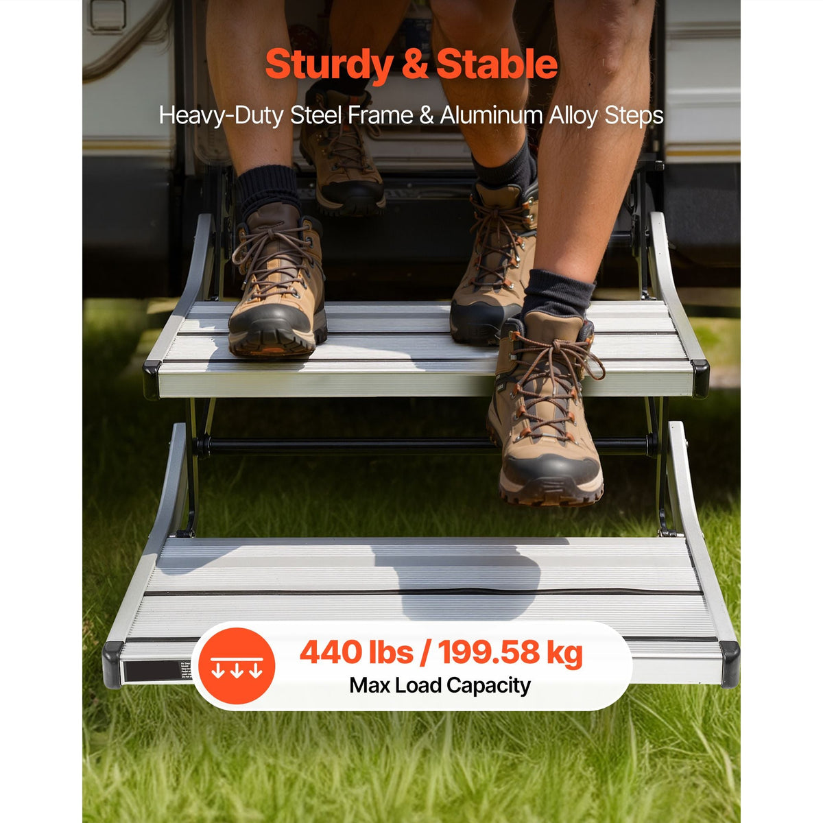 RV Steps, 2-Step, 440 lbs Load Capacity, Electric Retractable RV Stairs, Telescopic Folding Aluminum Alloy Camper Steps, Steel Frame Non-Slip Entry Stair for Camper Van Motorhome Travel Trailer