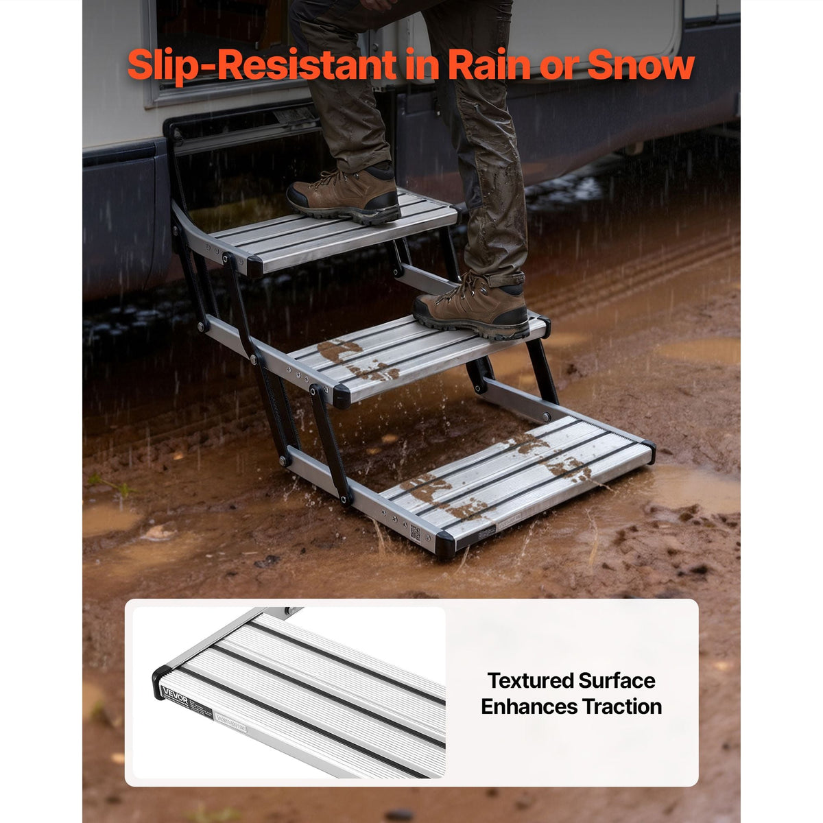 RV Steps, 3-Step, 440 lbs Load Capacity, Manual Retractable RV Stairs, Telescopic Folding Aluminum Alloy Camper Steps, Steel Frame Non-Slip Entry Stairs for Camper Van Motorhome Travel Trailer